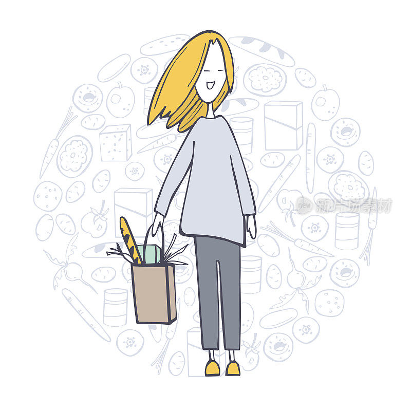 Cute smiling woman with  grocery shopping bag.